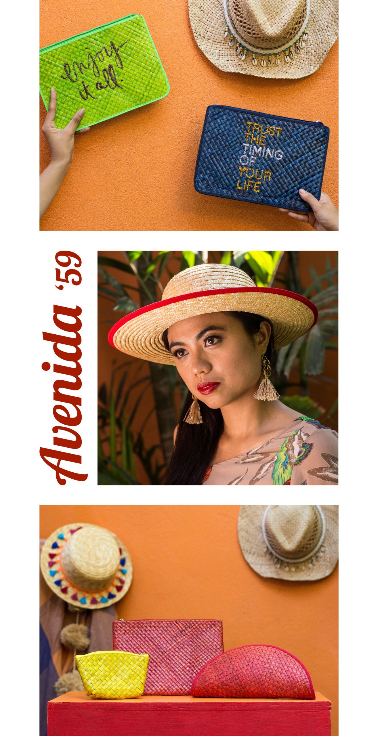 an image of handbags and a woman in a hat with earrings