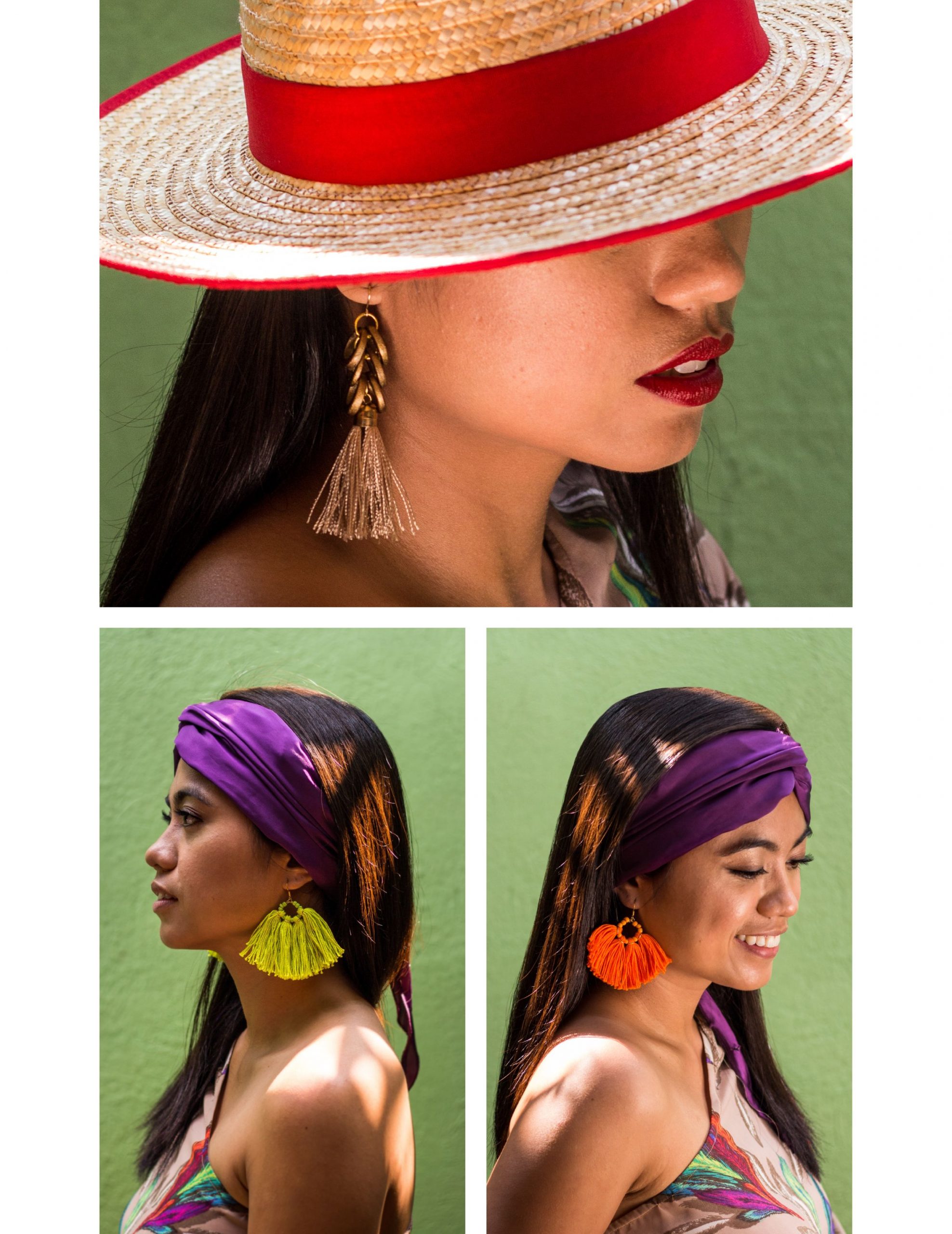 An image of a woman wearing a hat with earrings and a woman wearing a bandana with earrings