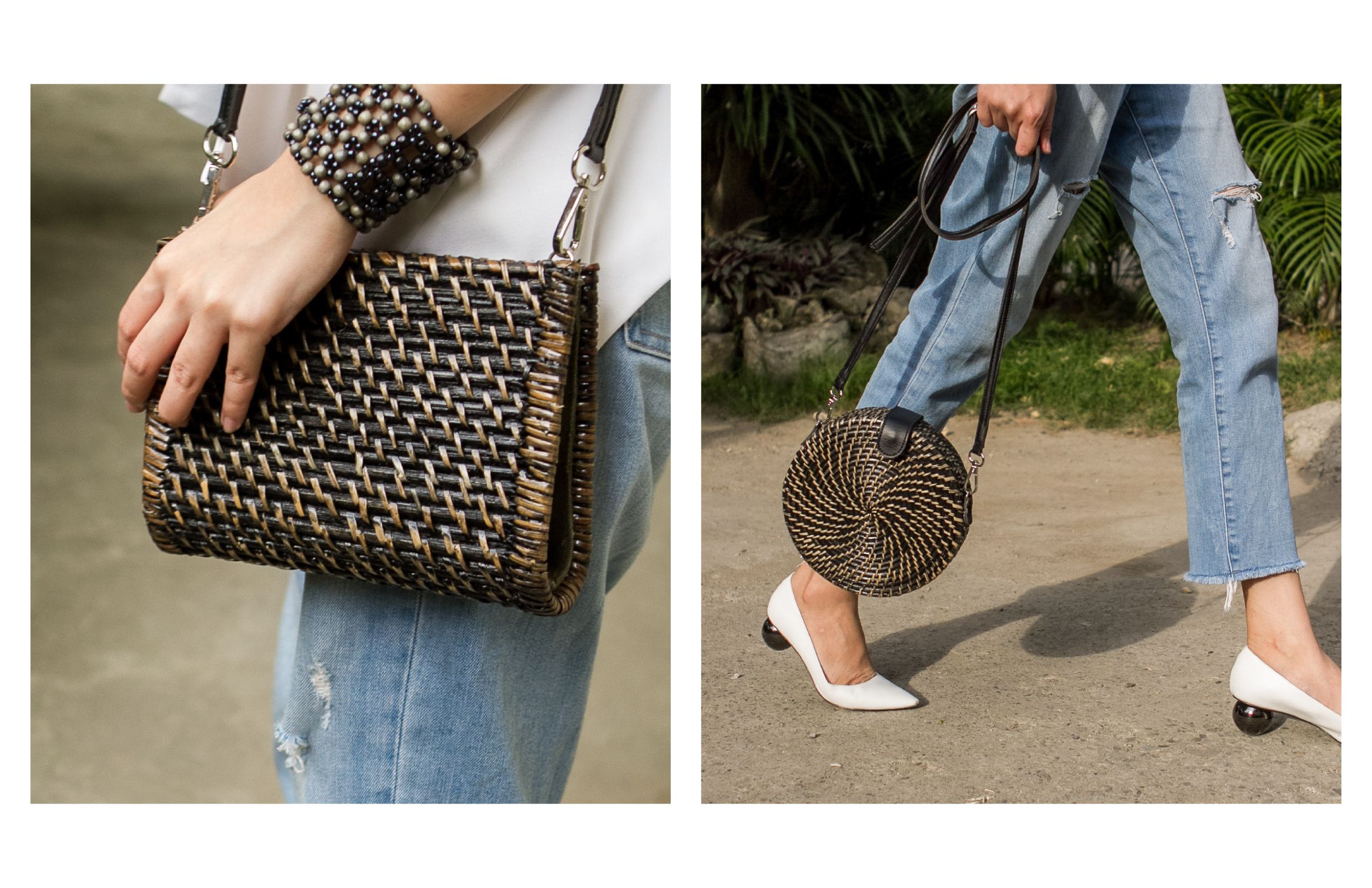 Images of a woman wearing the hand bag