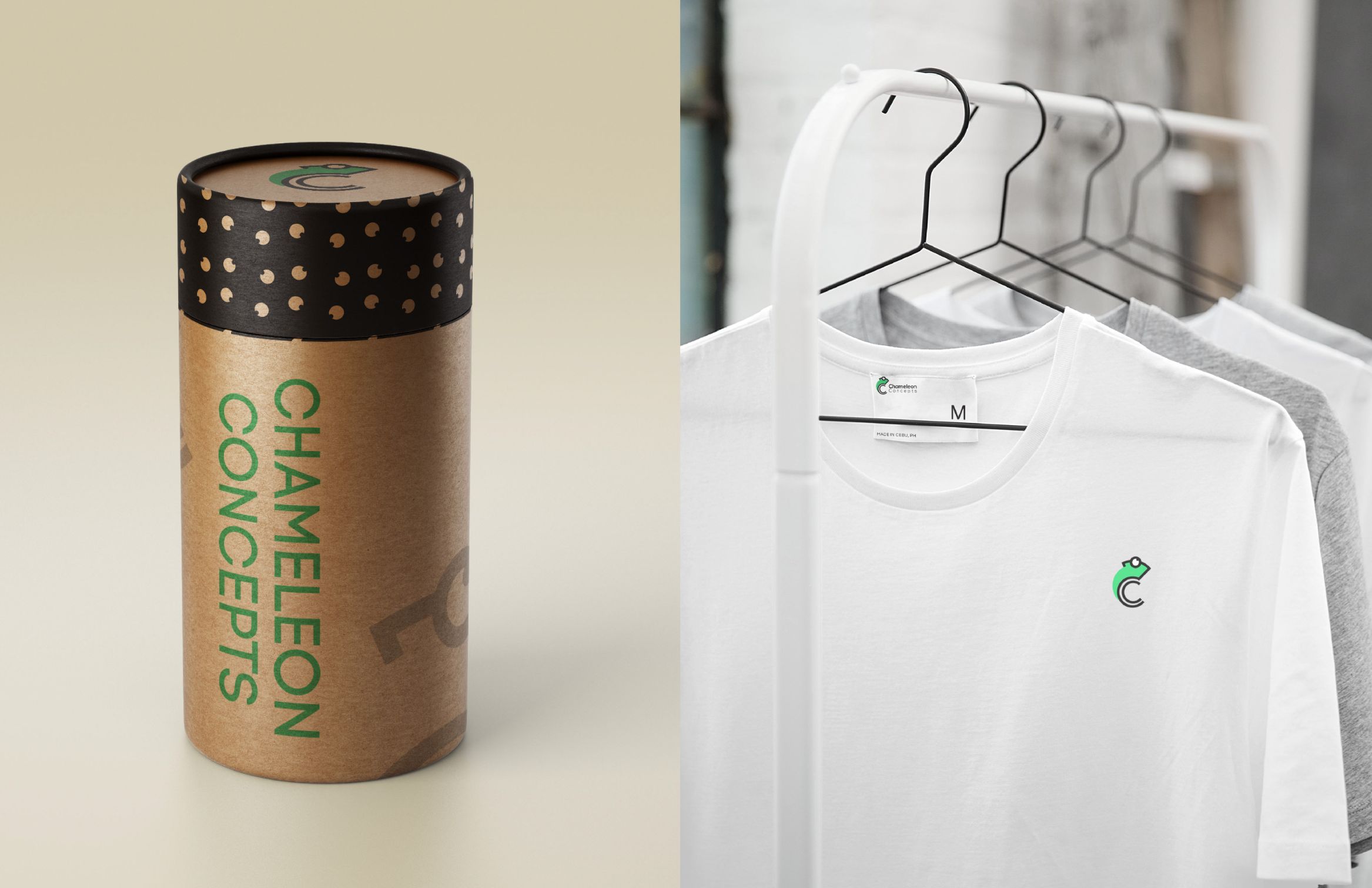 An image of a white t-shirt print with the logo on it and an image of a paper roll with the logo on it