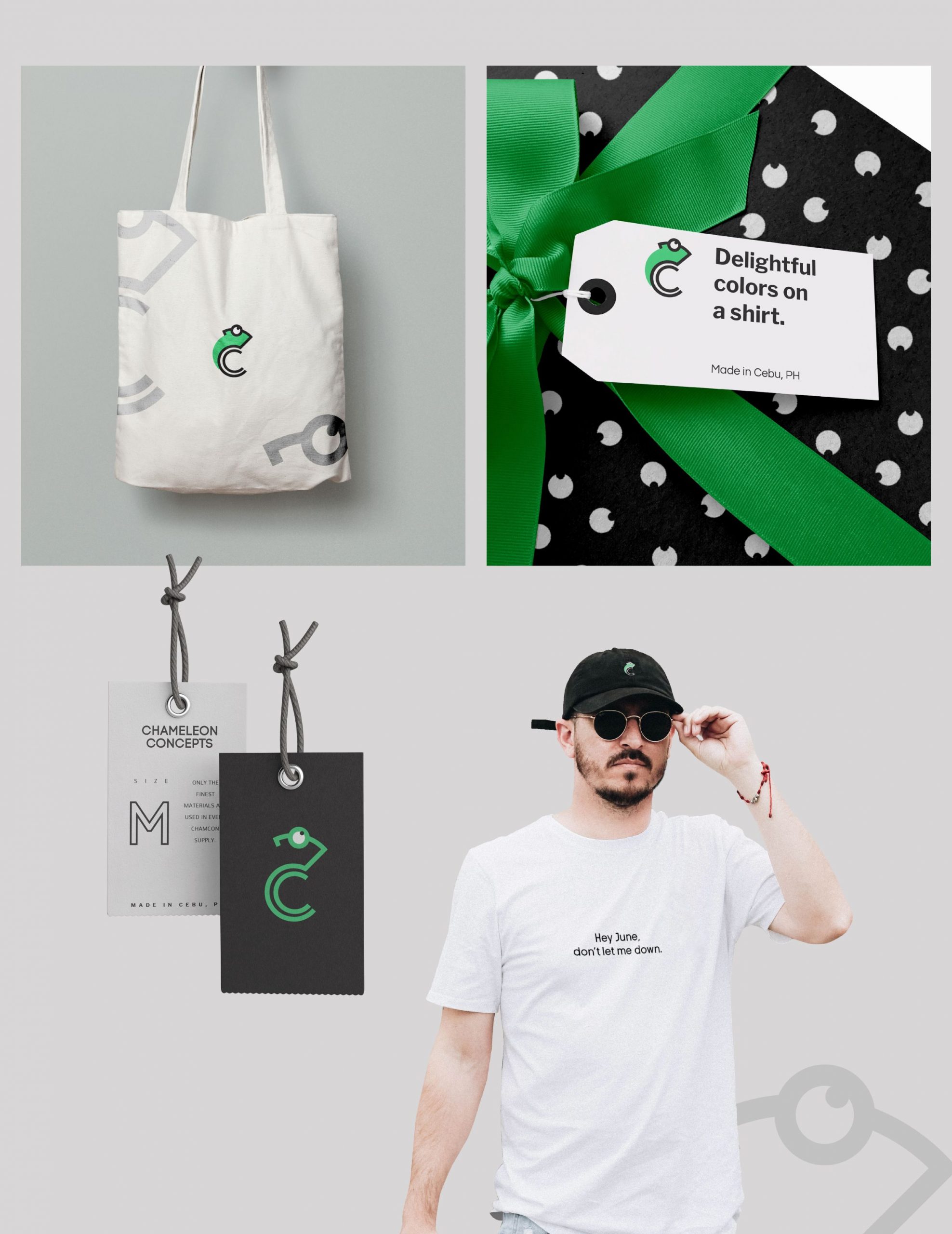 An image of a tote bag, invitation and wrapping paper, hang tags and a man wearing a white shirt with a logo on it