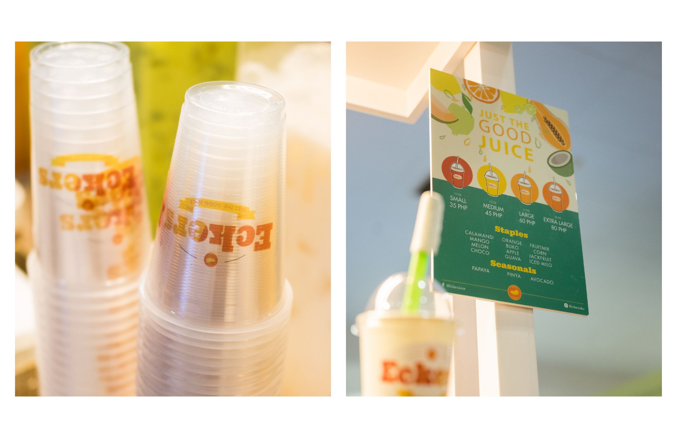 Images of the Kiosk, menu design, cups and products of the brand