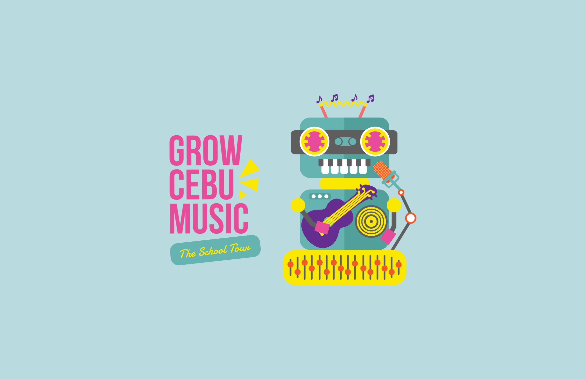 logo design of the brand with words Grow Cebu Music and the brand robot mascot