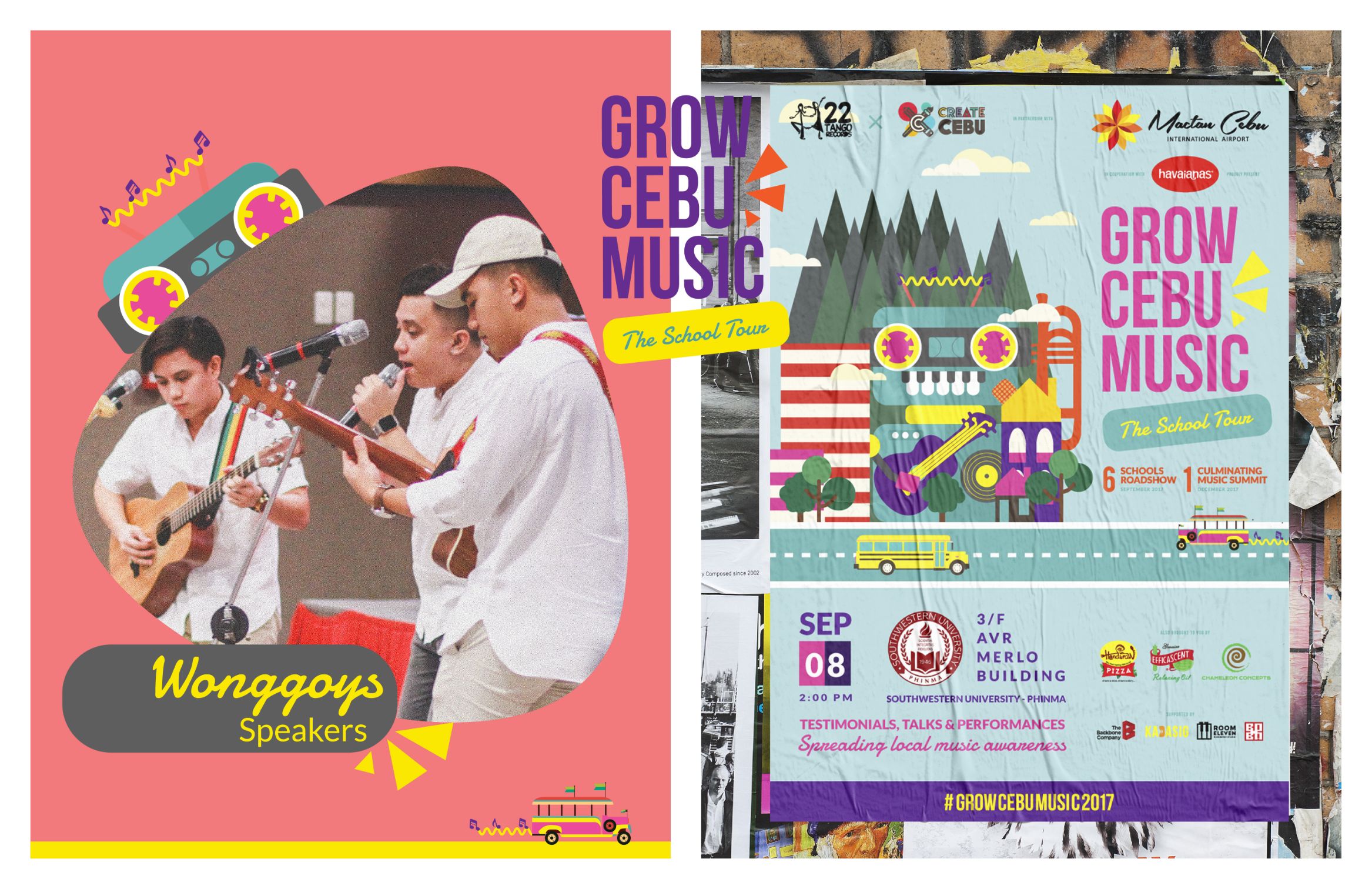 Poster design for the Music Tour with images of the band and illustration of Growbot, the brand mascot