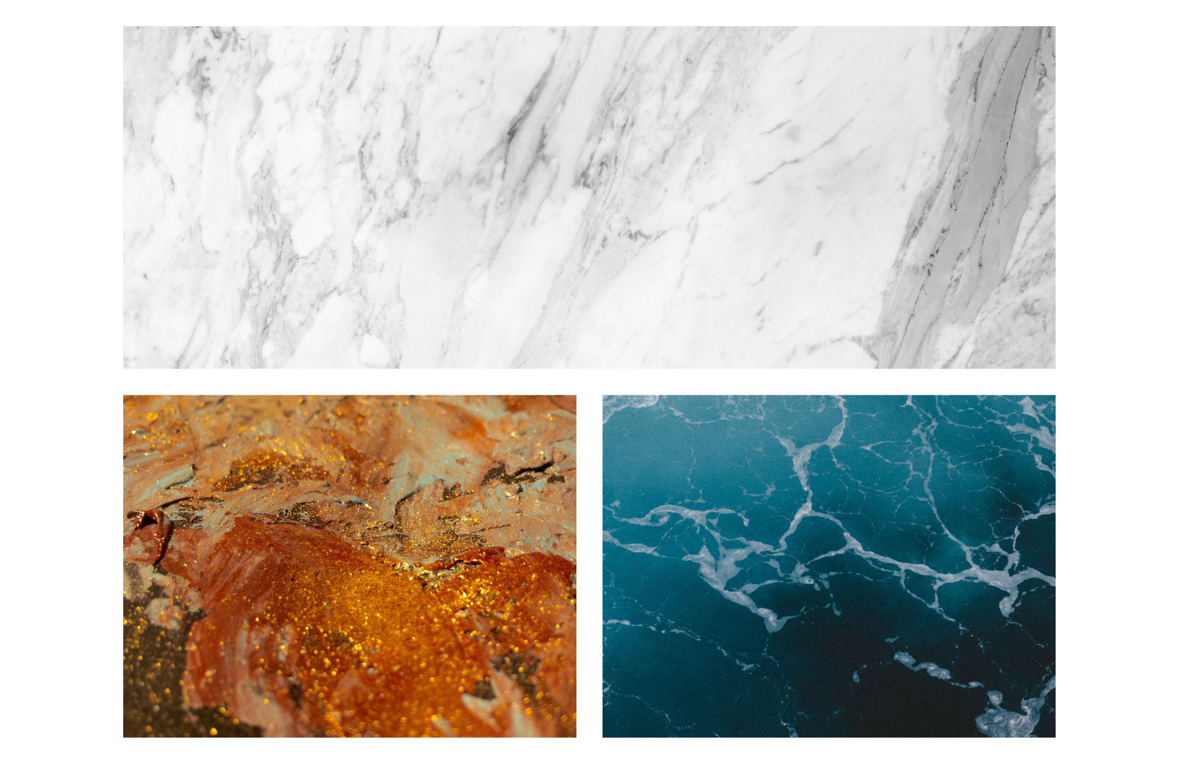 Images of a marble top, ocean see and gold dust from above