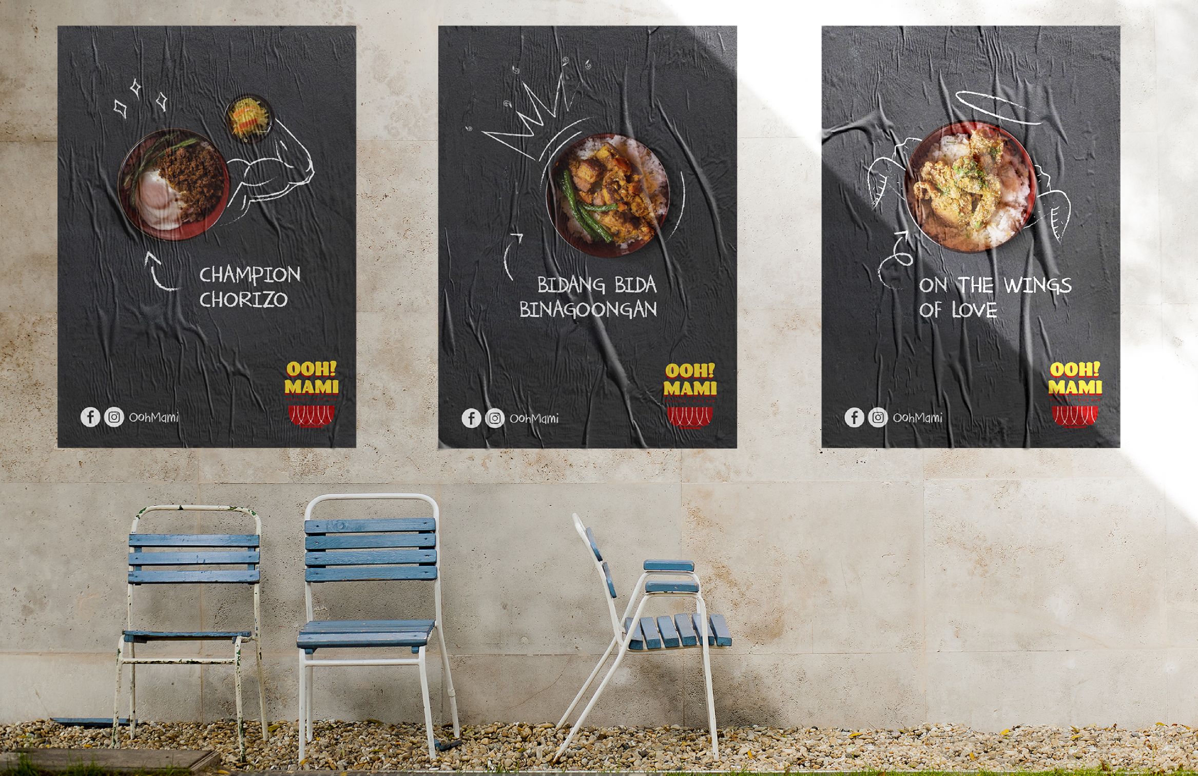 Images of poster design pasted on a wall with 3 chairs