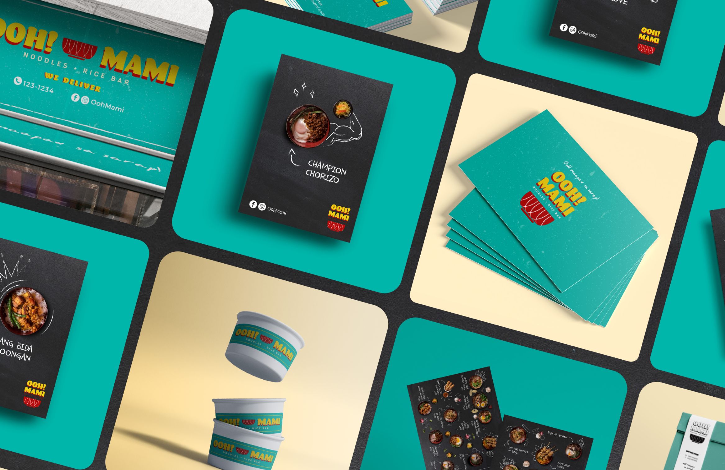 images of the brands menu design, calling card and food packaging
