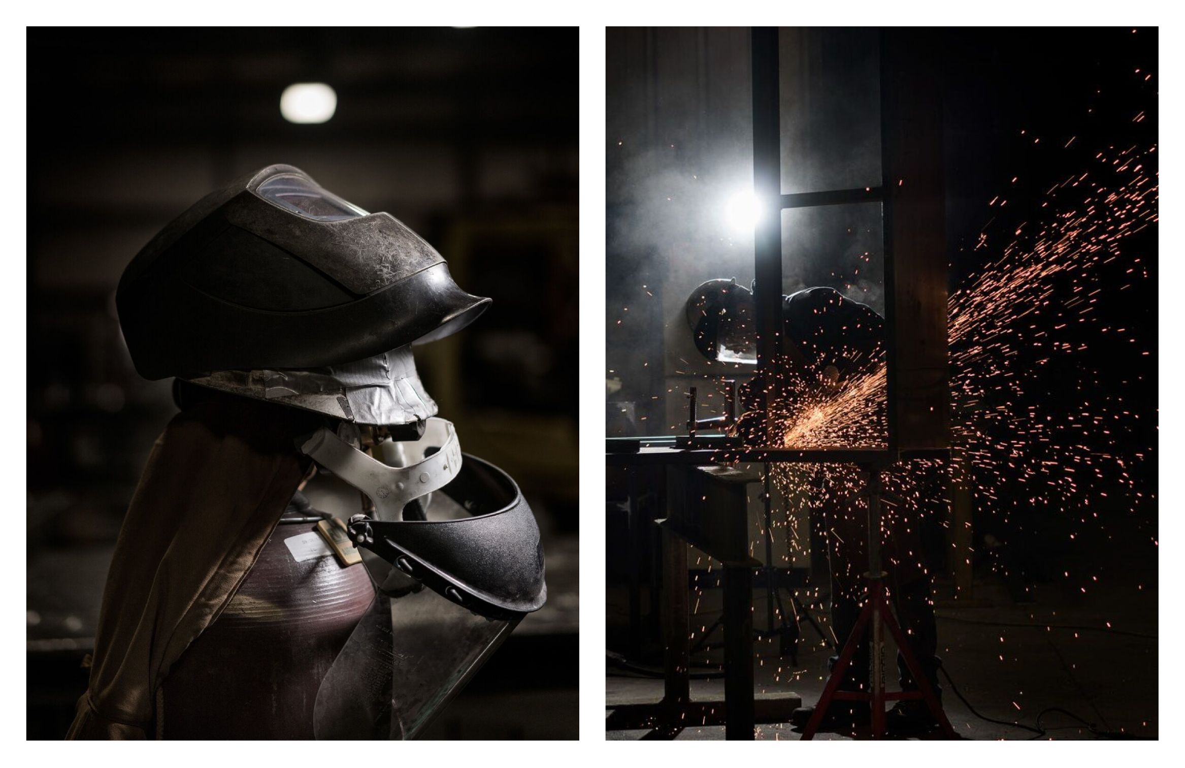 Image of the mask that is used in welding and image of a welder welding with metal sparks