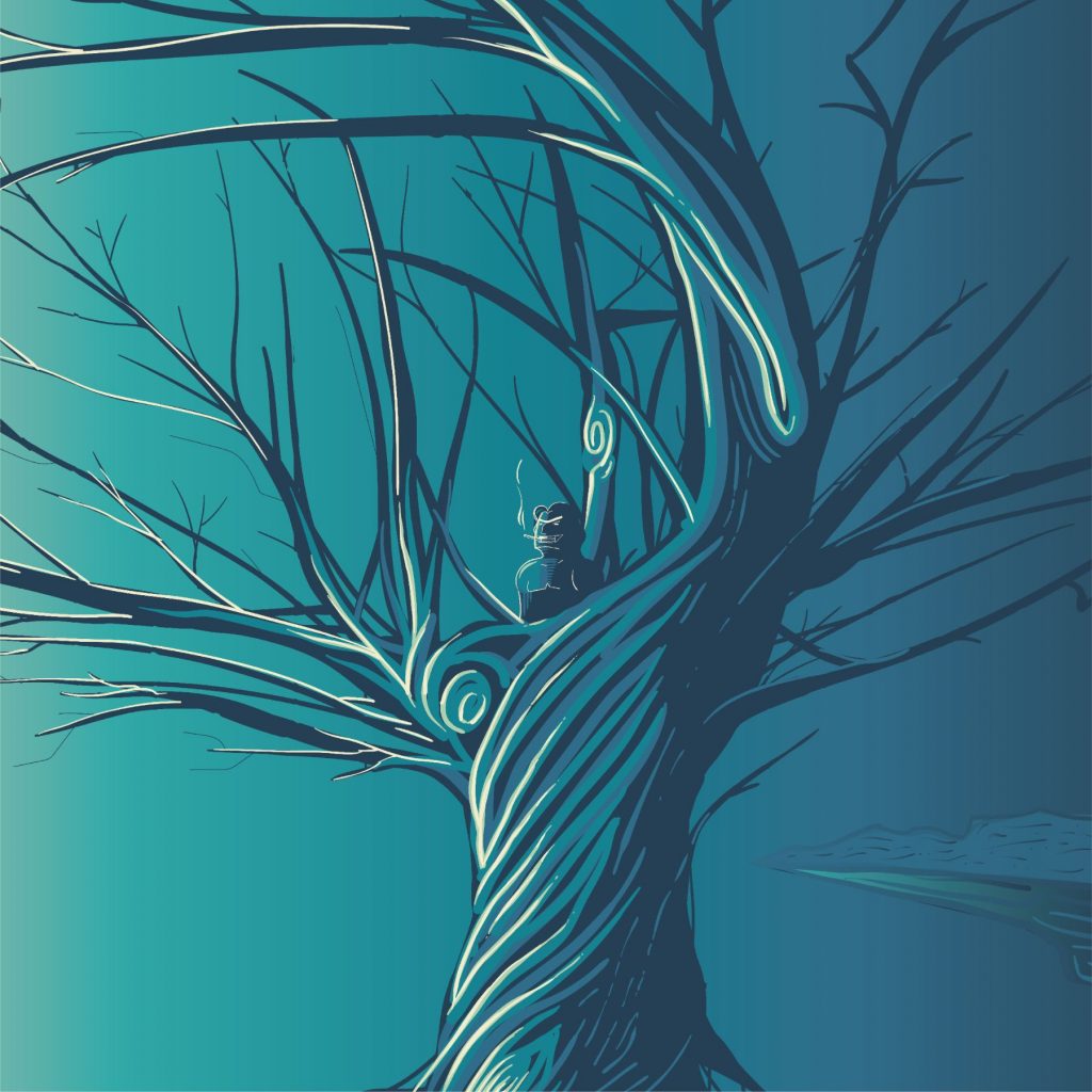 An image of a dead tree in blue hues with a figure sitting on top