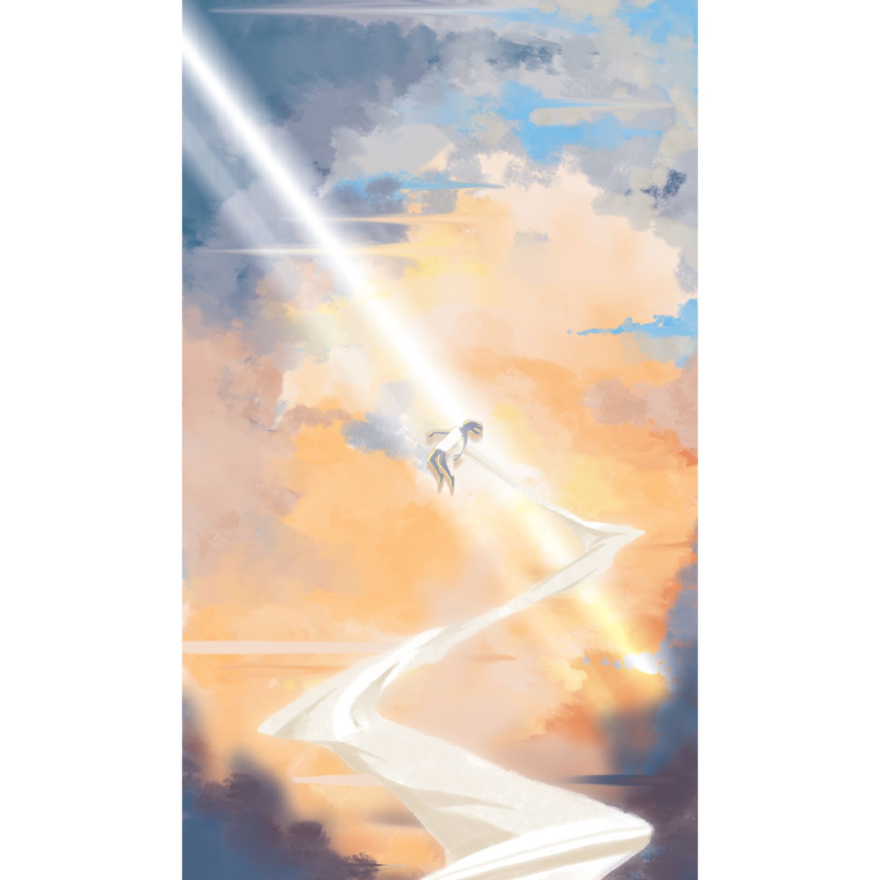 an image of a kid being floated towards a heaven-like clouds
