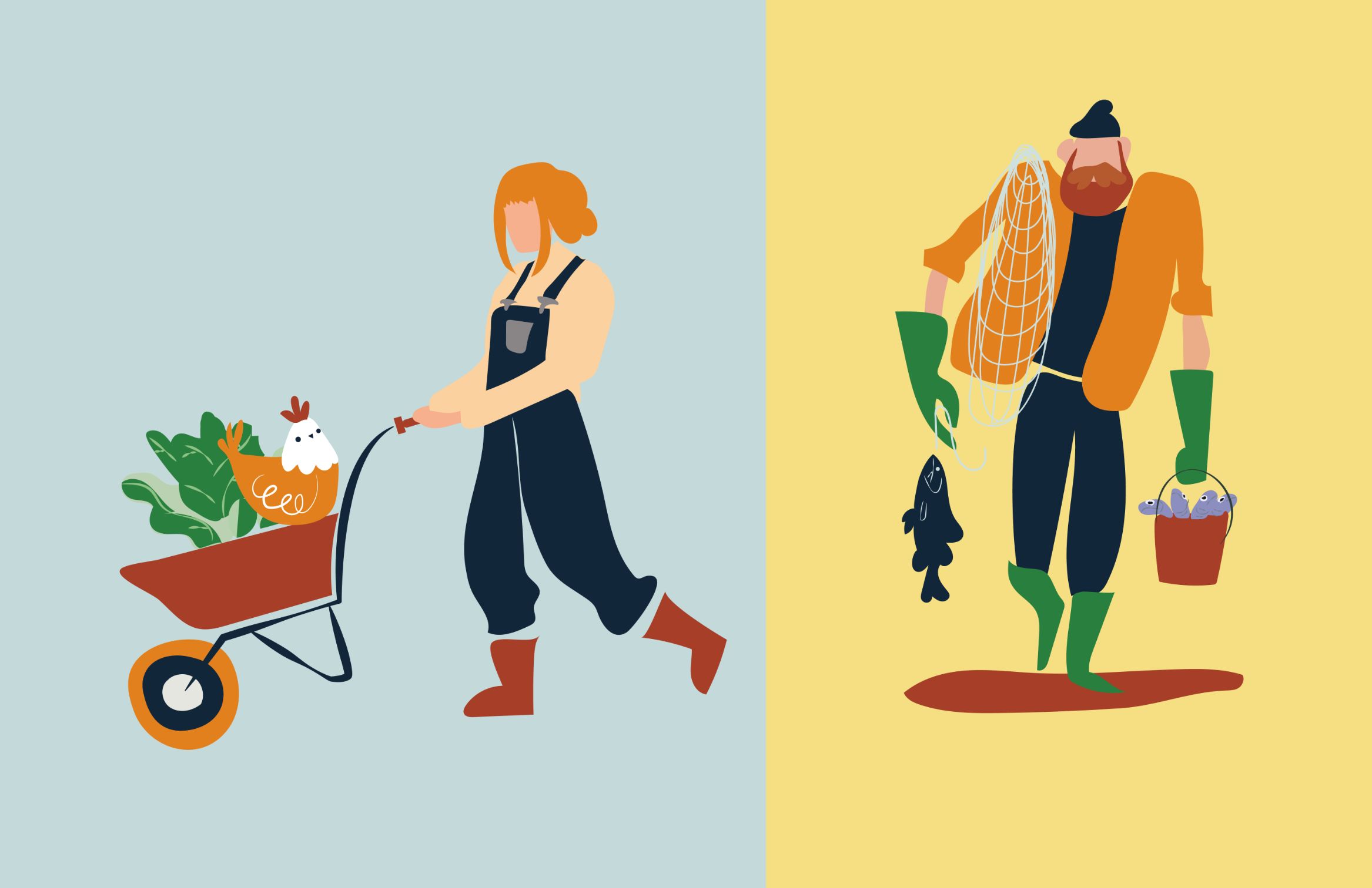 Illustration of a woman holding a wheelbarrow and a bearded fisherman holding a fish