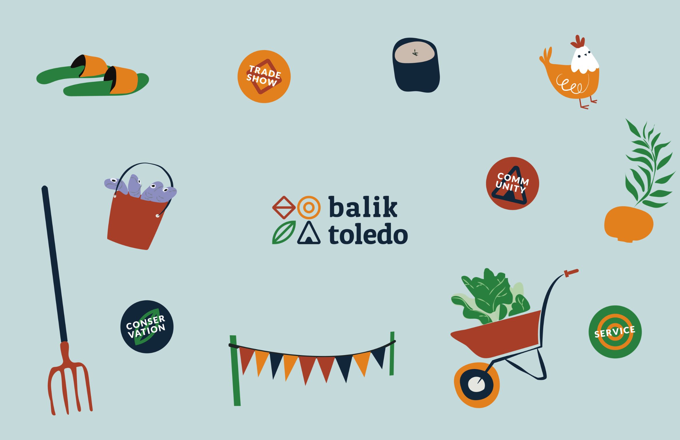 Illustration of wheelbarrow, bucket of fish , sack of rice and a logo of the brand Balike Toledo