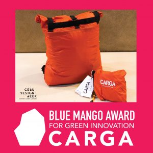 A photo of a bag that can be turned into a small pouch. An award for Blue Mango Award for Green Innovation - CARGA