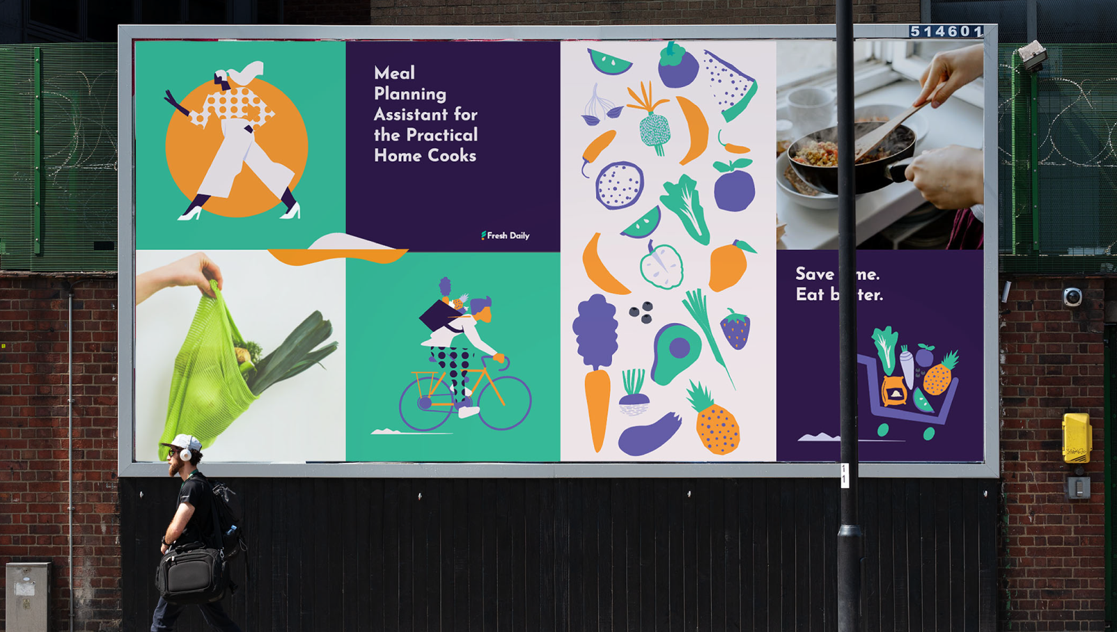 A wall advertisement with illustrations of food ingredients, a person biking with a bag of groceries and photos of a person cooking and a bag of vegetables.