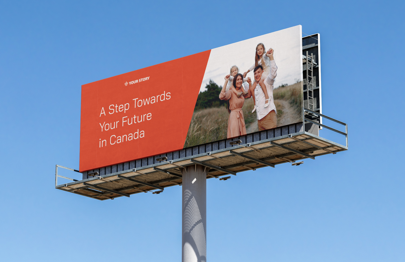 a billboard design for Your Story Immigration Consultancy with a photo of a happy family on the right